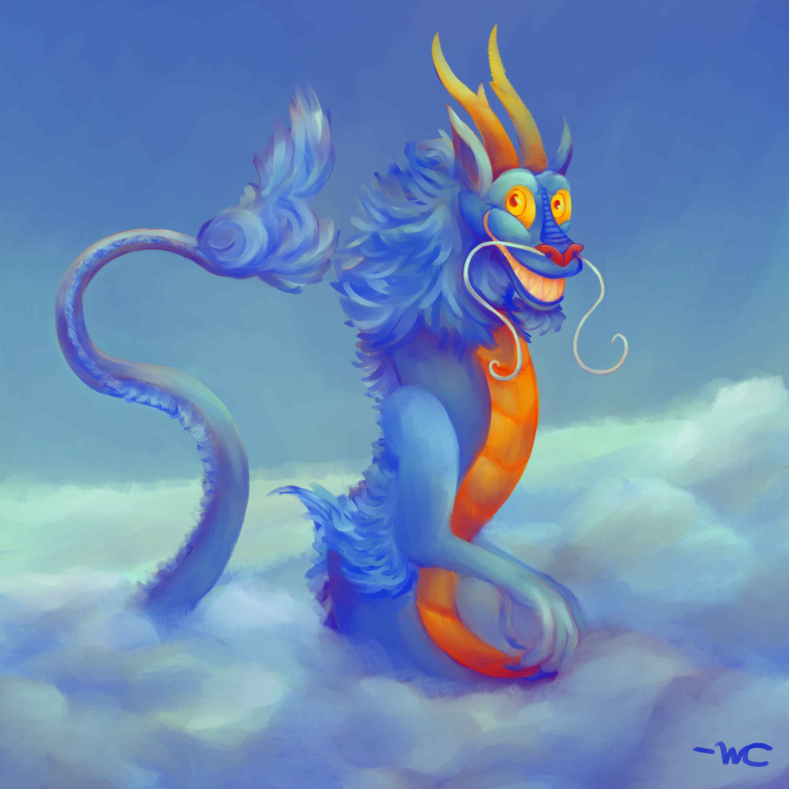 A digital painting of a blue and yellow eastern dragon sitting above the clouds. It has a large grin on its face.